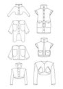 Technical sketches of futuristic models of jackets, coats, boleros and trench coats with large pockets and a designer collar